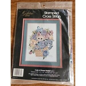 Golden Bee Cats In Flower Basket Stamped Cross Stitch 20370